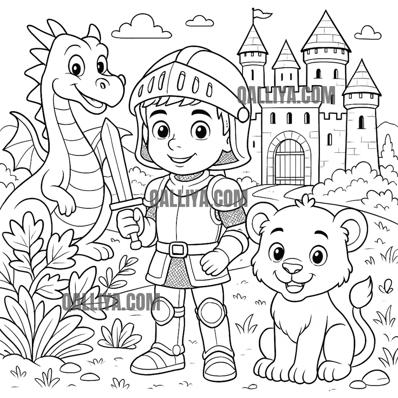 Dessin de châteaufort à colorier avec tours et remparts.