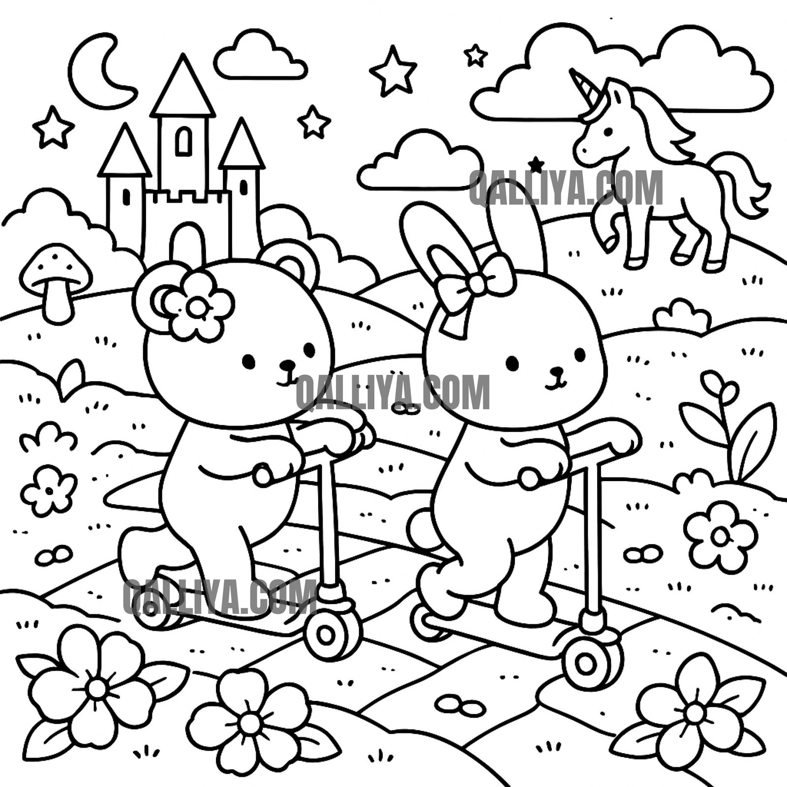 Illustration d'un monde féerique à colorier avec des créatures magiques