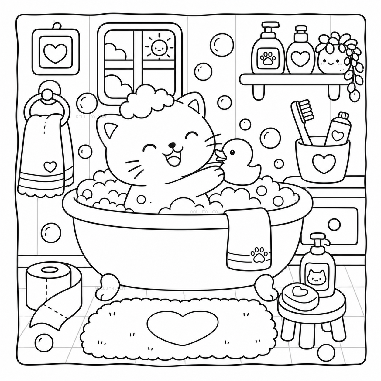 Coloriage cozy d’un chat souriant dans une baignoire avec de la mousse et un petit canard