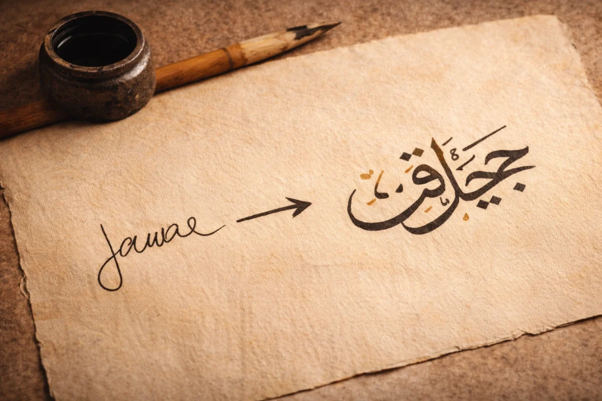 Écrire prénom en arabe, translittération, calligraphie, orthographe, rendu professionnel.