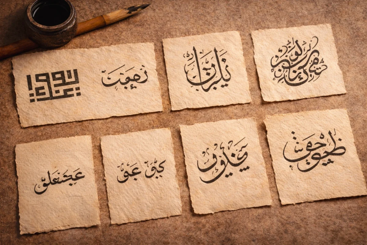 Styles calligraphie arabe, diwani, thuluth, naskh, kufi, maghrebi.