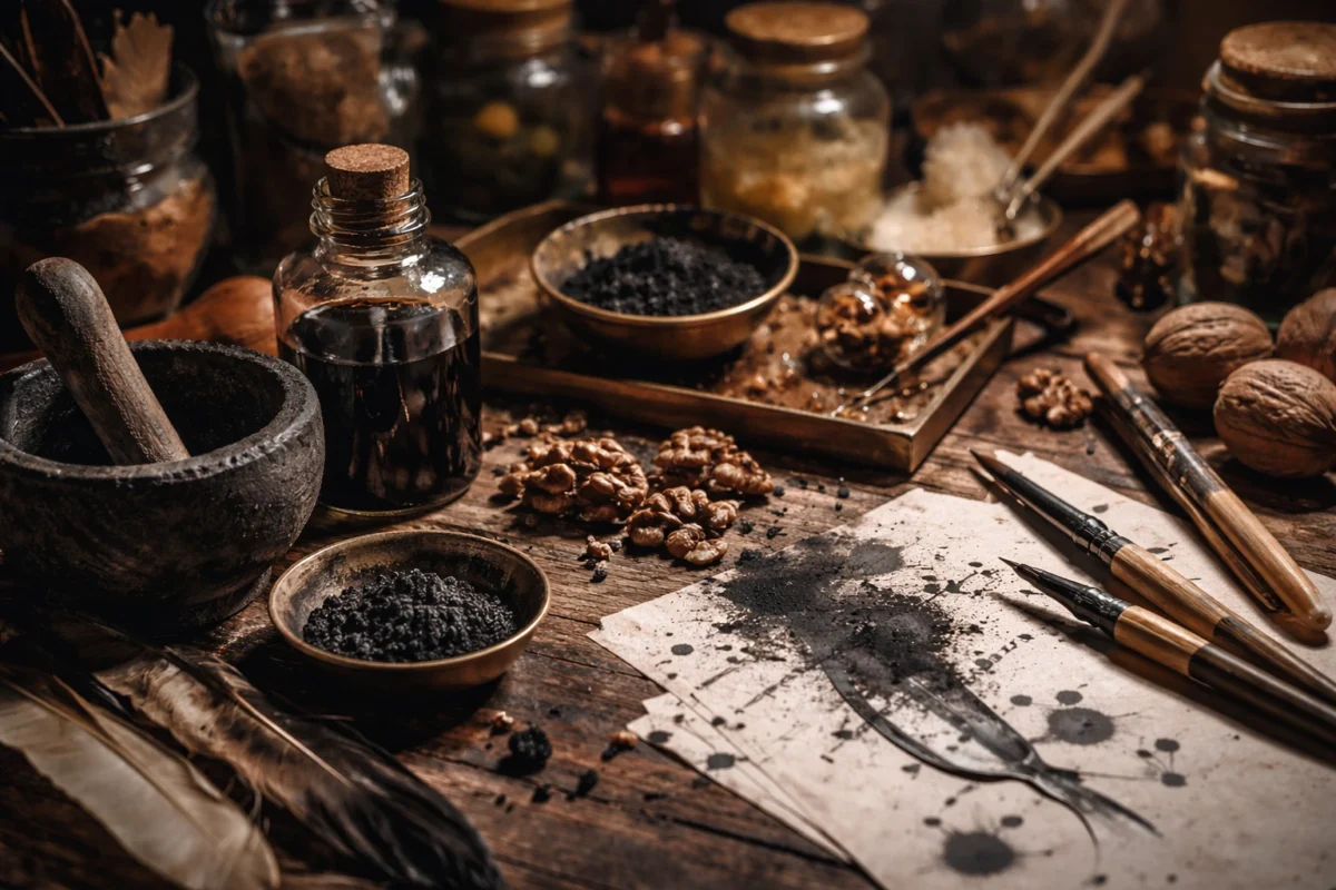 Encre calligraphie artisanale, atelier, pigments naturels, papier ancien, outils traditionnels.