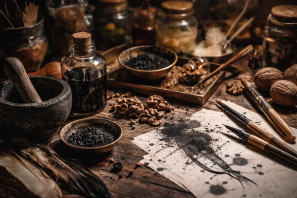 Encre calligraphie artisanale, atelier, pigments naturels, papier ancien, outils traditionnels.