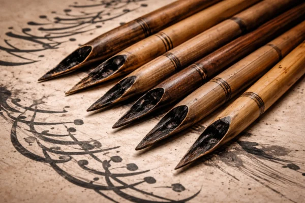 Calame bambou, calligraphie arabe, écriture traditionnelle, papier texturé, encre noire.