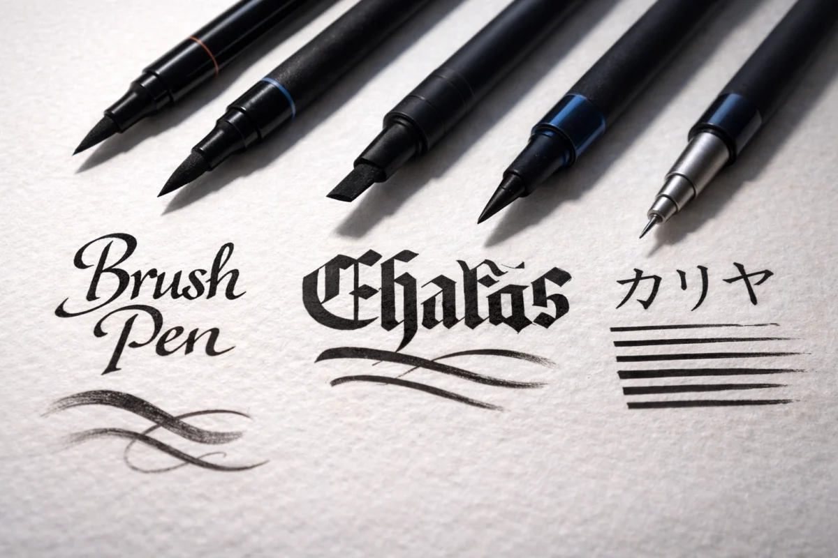 Feutres calligraphie, brush pen, pointe biseautée, liner, comparaison outils.