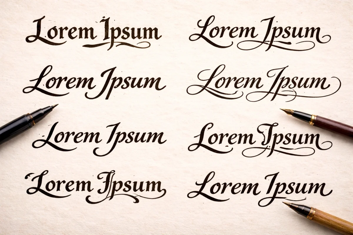 Alphabet calligraphie, lettres majuscules, style manuscrit, traits épais, élégance.