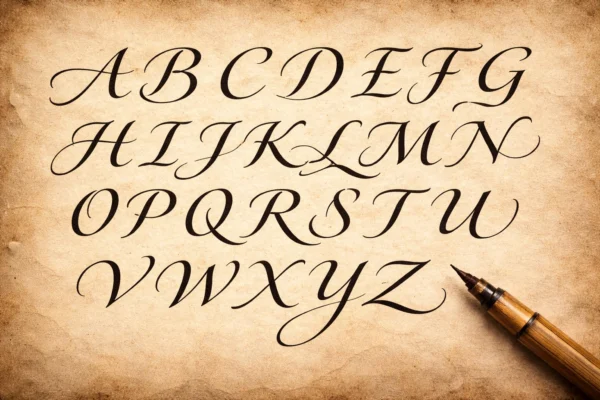 Alphabet calligraphie, lettres majuscules, style manuscrit, traits épais, élégance.